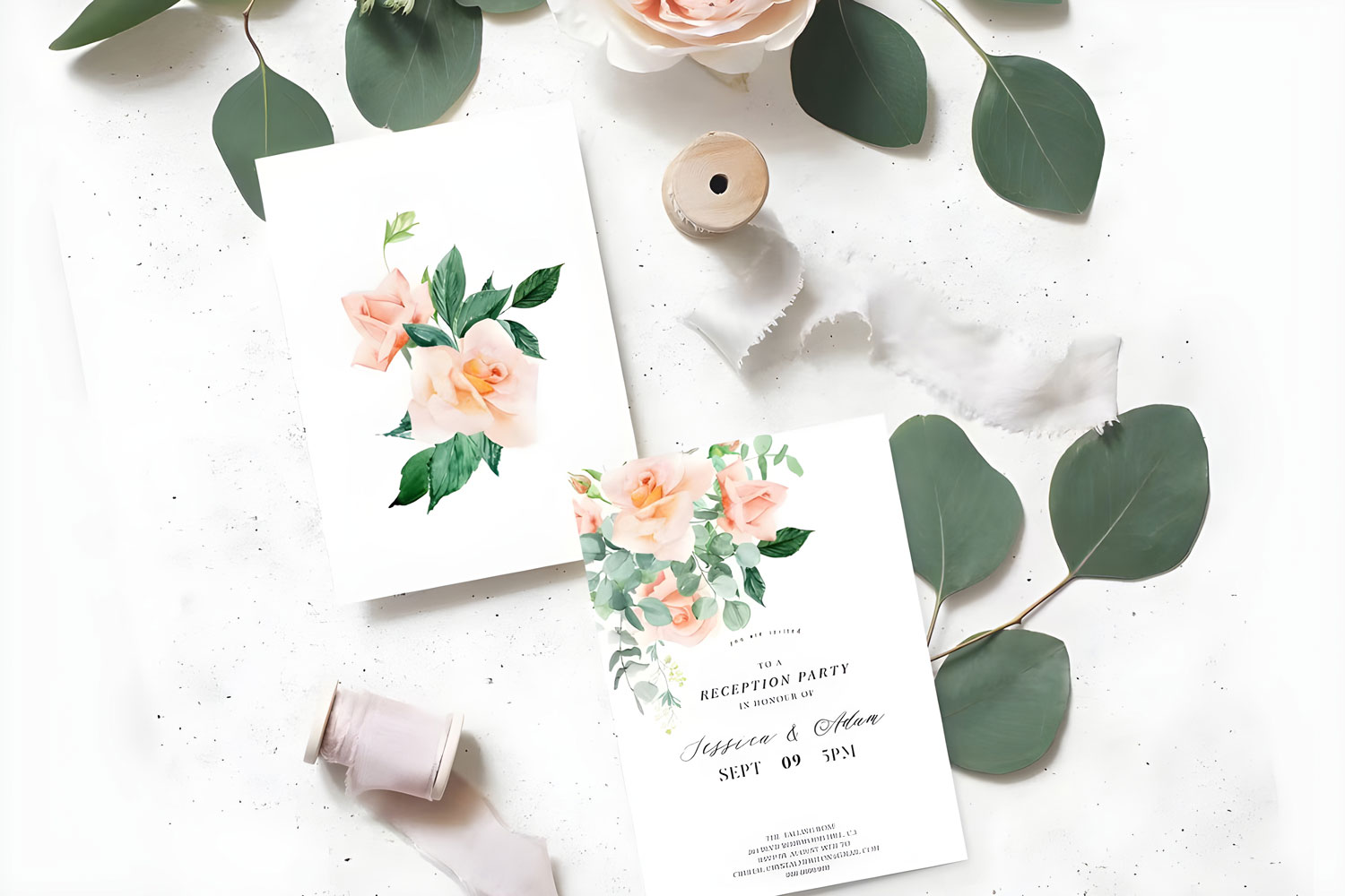Sweet Peach Printed wedding invitations and save the dates with premium envelopes, wax seals, vellum and ribbon.